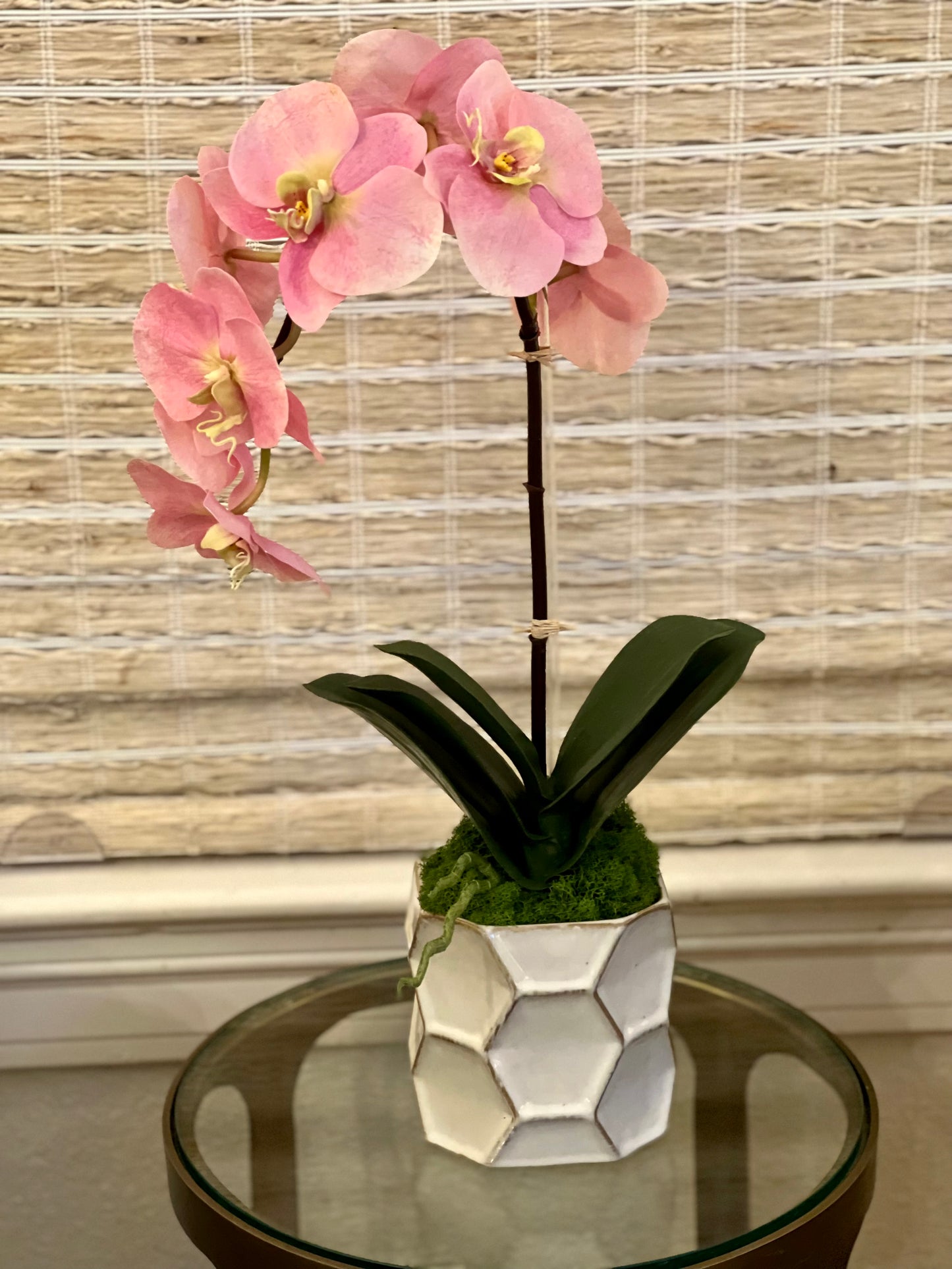 Faux Single Pink Orchid in White Ceramic Pot