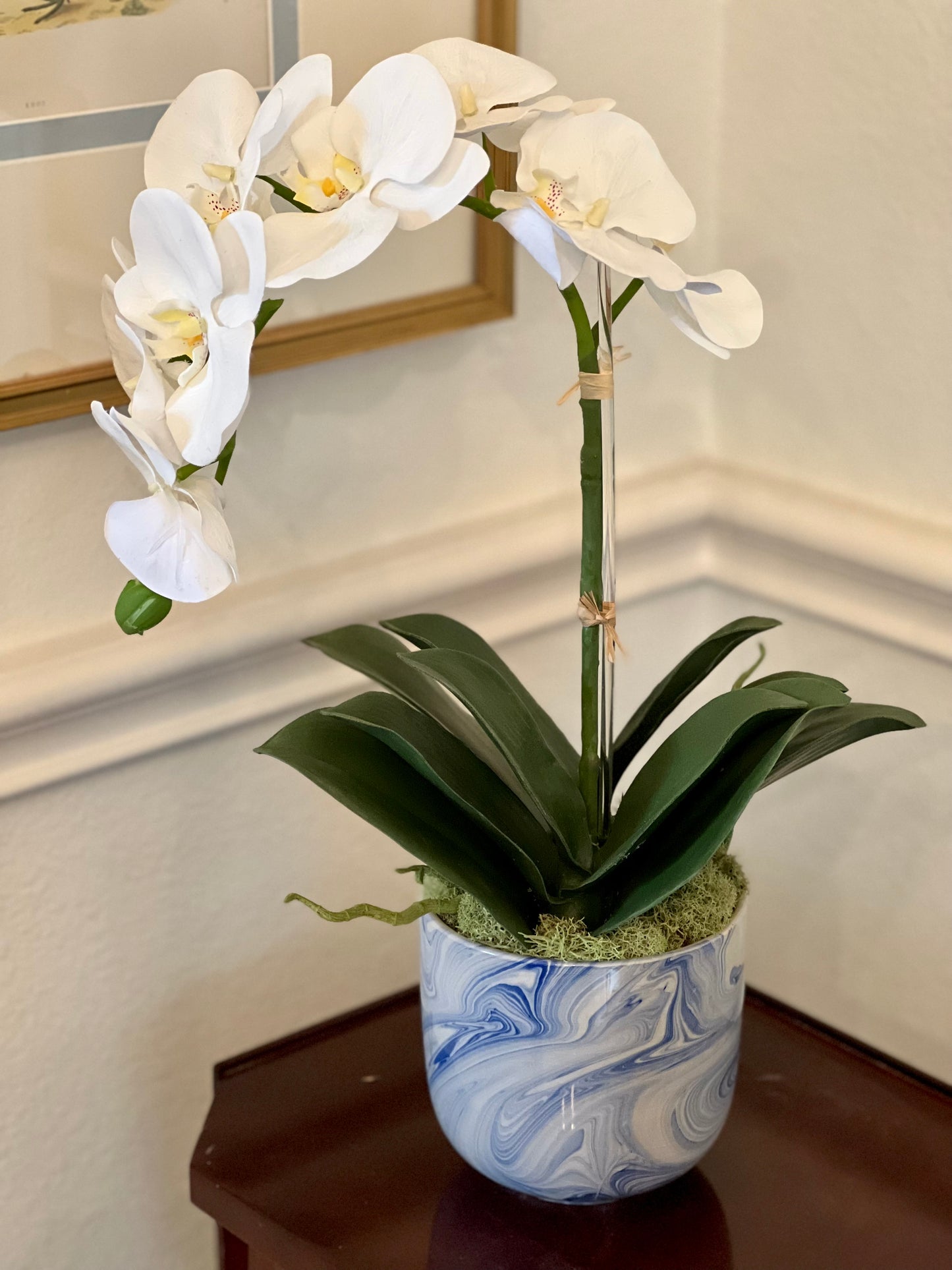 Faux Single White Orchid in Blue Swirl Pot