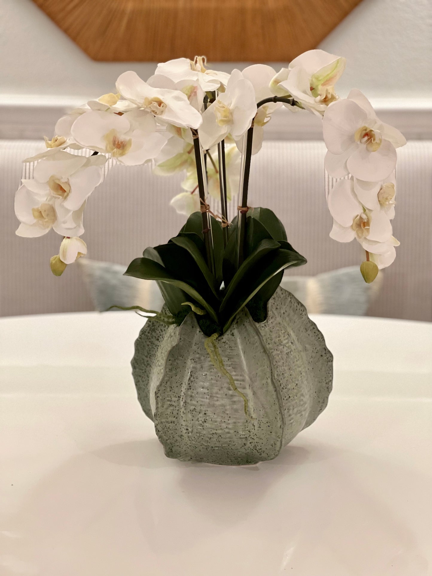 Faux White Orchid Arrangement in Light Green Textured Vase