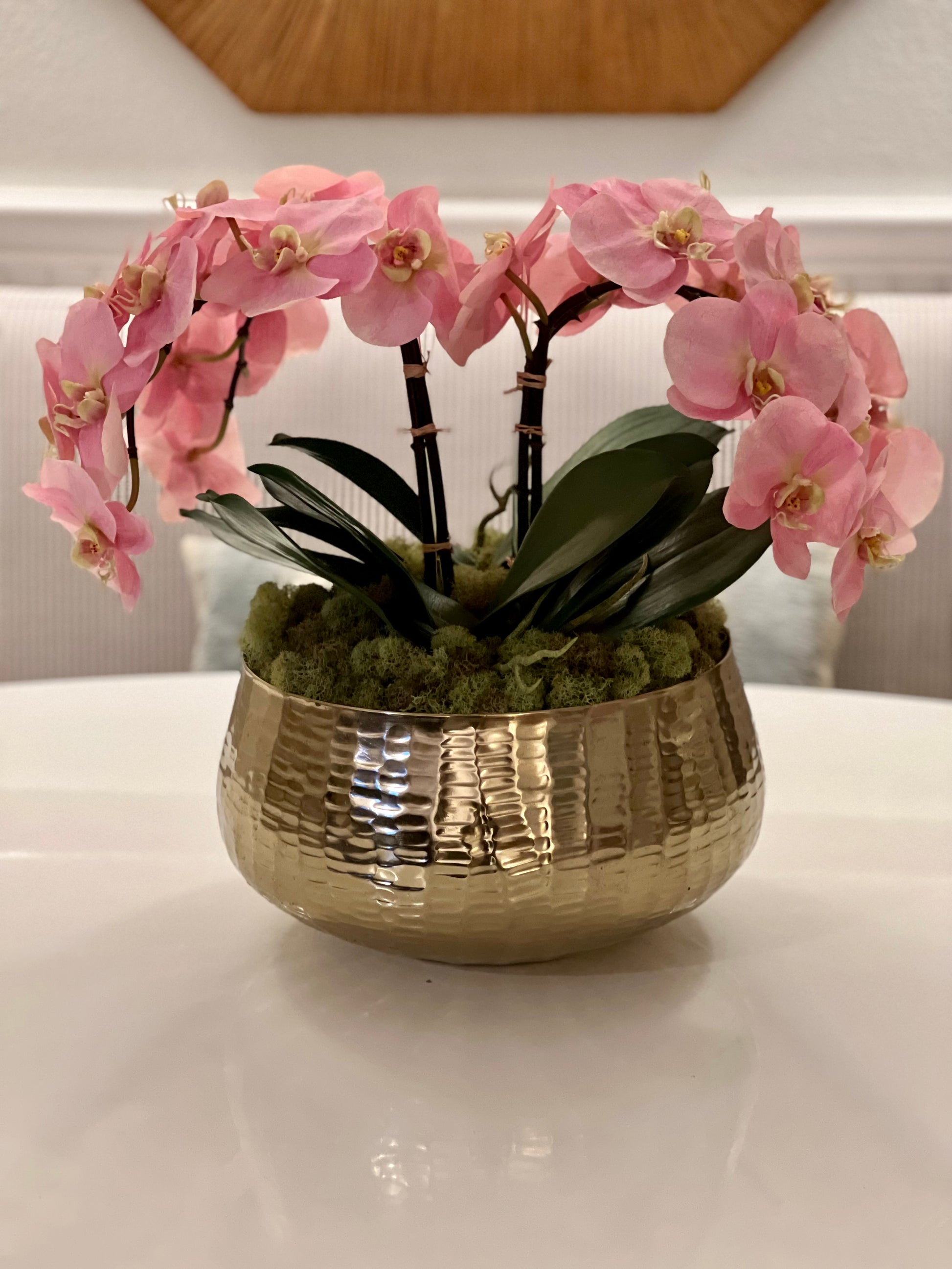 rose gold pot plant Faux Pink Orchid Arrangement in Gold Pot – Austin Faux Florals