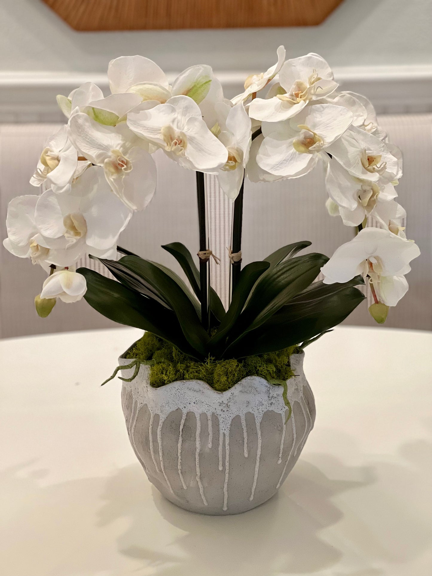 Faux White Orchid Arrangement in Gray Drip Pot